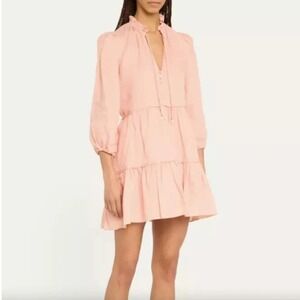 Veronica Beard Hawken Linen Tiered Mini Dress Ruffle Neck Peach Size 8 Pearls